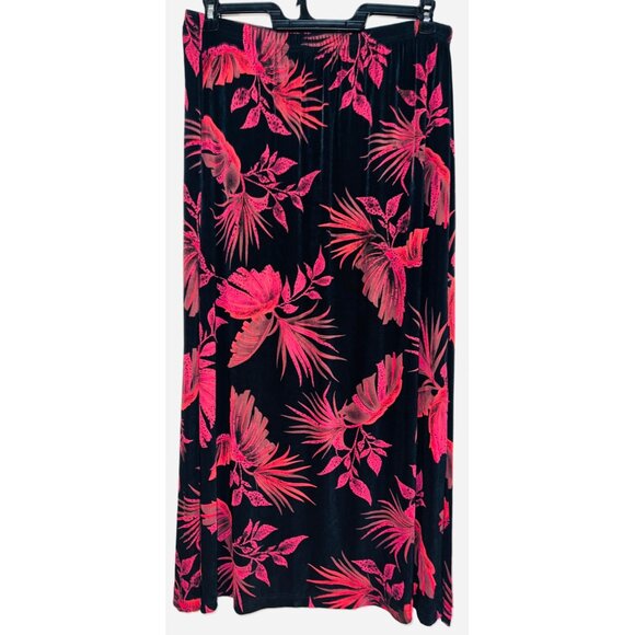 Chadwicks Red & Black Floral Midi Skirt Elastic Waist Medium 16" Side Slits - Picture 2 of 3